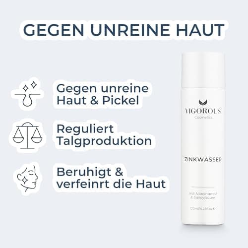 VIGOROUS® Zink Gesichtswasser 120ml anti Pickel Männer & Frauen - Salicylsäure & Niacinamide face cleanser gegen unreine