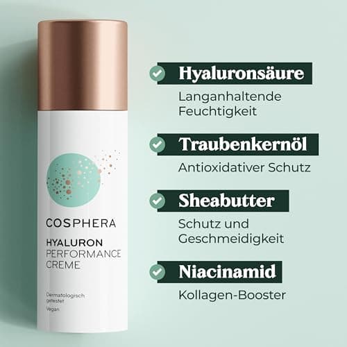 Cosphera Hyaluron Performance Creme 50 ml - vegane Antialterungstages- undNightcreme für Gesicht und Hals - stark dosier