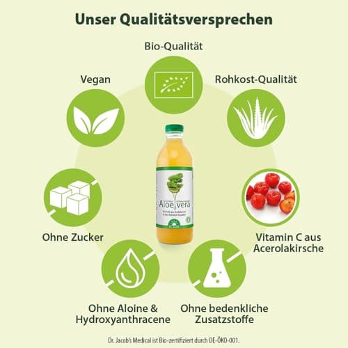 Dr. Jacob’s Aloe-vera-Gel-Saft BIO 1 Liter | Bio-Natürlich mit Vitamin C | Ohne Zucker & Konservierungsstoffe | EU Organ