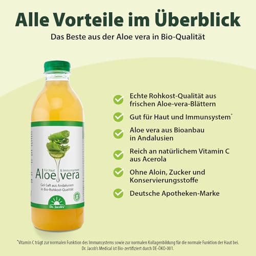 Dr. Jacob’s Aloe-vera-Gel-Saft BIO 1 Liter | Bio-Natürlich mit Vitamin C | Ohne Zucker & Konservierungsstoffe | EU Organ