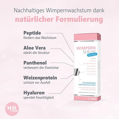 Wimpernserum ohne Hormone fürSensitive & Vegan – 10 ml Hyaluron & Aloe Vera – Längere Wimpern – Made in Germany