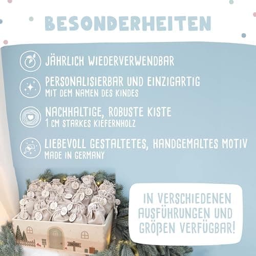Personalisierte Adventskiste - Kinder Adventskalender aus Holz mit Namen - Weihnachtskalender für Kinder - hellomini (Re