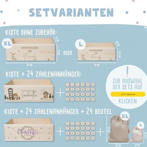 Personalisierte Adventskiste - Kinder Adventskalender aus Holz mit Namen - Weihnachtskalender für Kinder - hellomini (Re