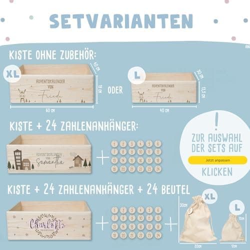 Personalisierte Adventskiste - Kinder Adventskalender aus Holz mit Namen - Weihnachtskalender für Kinder - hellomini (Re