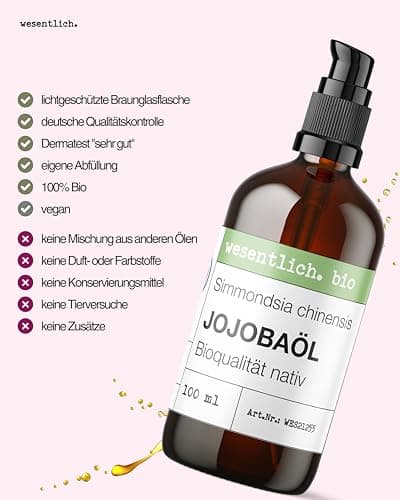Wesentlich Jojobaöl Bio kaltgepresst | 100% rein und natürlich | Pure Pflege für Haut und Haare | 100ml Braunglasflasche