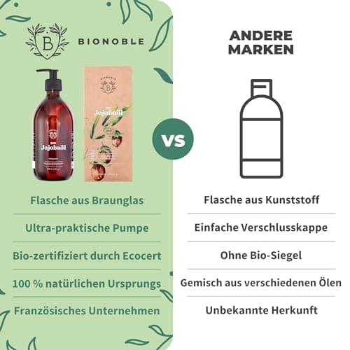 BIONOBLE Jojobaöl Bio Kaltgepresst für Sehnenpflege und Pickelregulation - Haare, Gesicht, Körper, Nägel - Hexanfrei, V