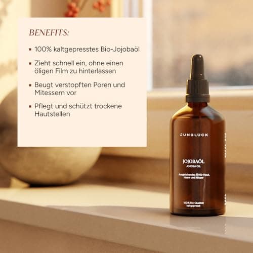 JUNGLÜCK Jojobaöl Bio Kaltgepresst - 100% Bio, Rein & Natürlich - Gesundheitige Haare, schöne Haut und kräftige Nägel -