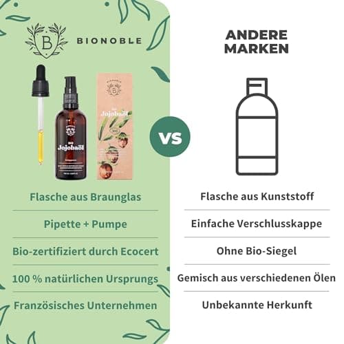 BIONOBLE Jojobaöl Bio Kaltgepresst für Sehnenpflege und Pickelregulation - Haare, Gesicht, Körper, Nägel - Hexanfrei, V