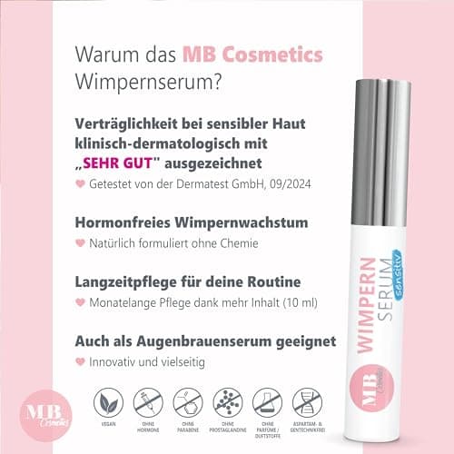 Wimpernserum ohne Hormone fürSensitive & Vegan – 10 ml Hyaluron & Aloe Vera – Längere Wimpern – Made in Germany