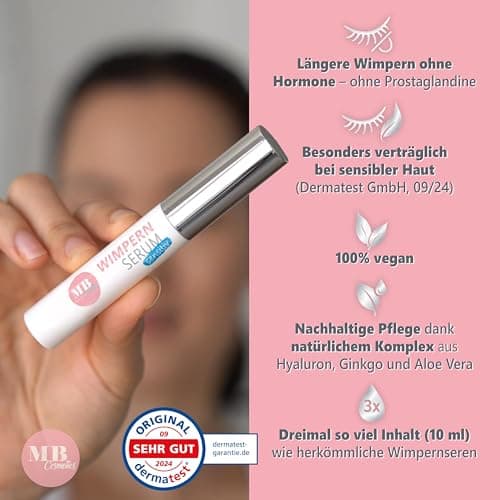 Wimpernserum ohne Hormone fürSensitive & Vegan – 10 ml Hyaluron & Aloe Vera – Längere Wimpern – Made in Germany