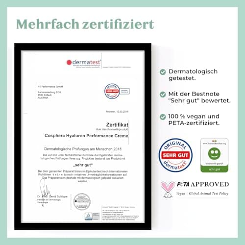Cosphera Hyaluron Performance Creme 50 ml - vegane Antialterungstages- undNightcreme für Gesicht und Hals - stark dosier