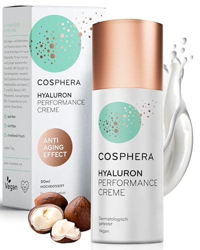 Cosphera Hyaluron Performance Creme 50 ml - vegane Antialterungstages- undNightcreme für Gesicht und Hals - stark dosier