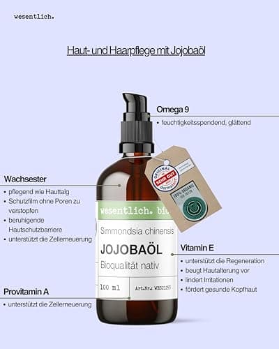Wesentlich Jojobaöl Bio kaltgepresst | 100% rein und natürlich | Pure Pflege für Haut und Haare | 100ml Braunglasflasche