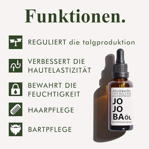Jojobaöl BIO | 100% rein, natürlich und kaltgepresst | Pflege für Gesicht, Haare & Bart | 50 ml | Vegan & Cruelty Free |