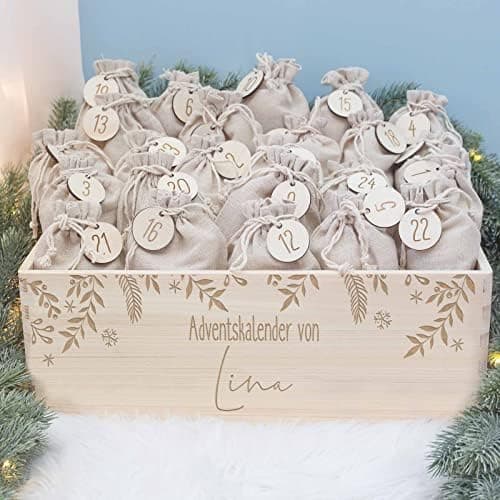 Personalisierte Adventskiste - Kinder Adventskalender aus Holz mit Namen - Weihnachtskalender für Kinder - hellomini (Re