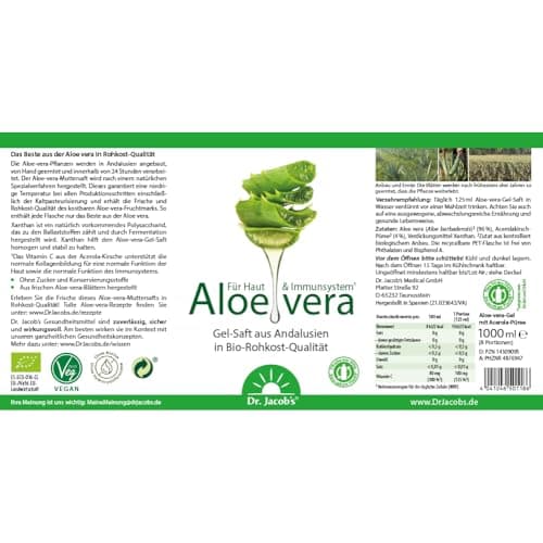 Dr. Jacob’s Aloe-vera-Gel-Saft BIO 1 Liter | Bio-Natürlich mit Vitamin C | Ohne Zucker & Konservierungsstoffe | EU Organ