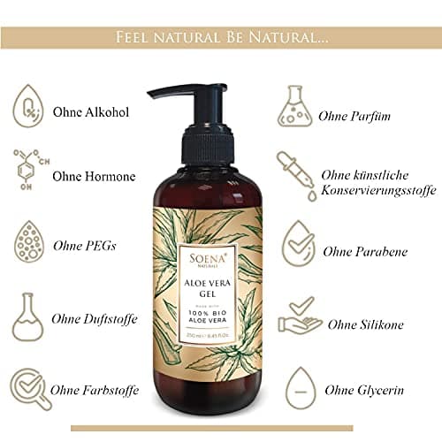 Soena® Aloe Vera Gel 100% BIO – Feuchtigkeitspflege ohne Alkohol & Duftstoffe – Tierversuchsfrei 250ml – Naturkosmetik M