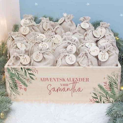 Personalisierte Adventskiste - Kinder Adventskalender aus Holz mit Namen - Weihnachtskalender für Kinder - hellomini (Re