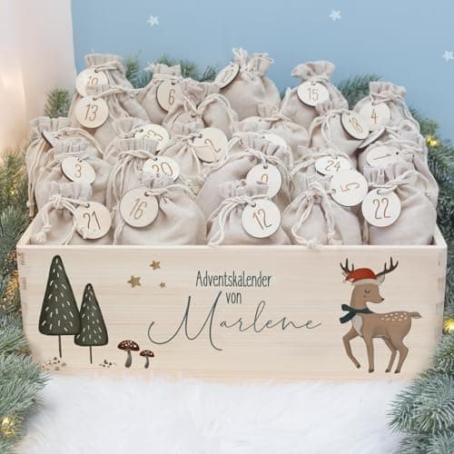 Personalisierte Adventskiste - Kinder Adventskalender aus Holz mit Namen - Weihnachtskalender für Kinder - hellomini (Re