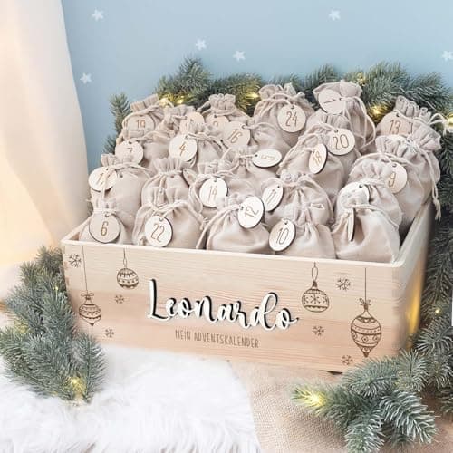 Personalisierte Adventskiste - Kinder Adventskalender aus Holz mit Namen - Weihnachtskalender für Kinder - hellomini (Re