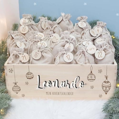 Personalisierte Adventskiste - Kinder Adventskalender aus Holz mit Namen - Weihnachtskalender für Kinder - hellomini (Re