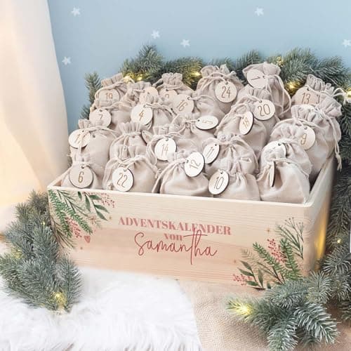Personalisierte Adventskiste - Kinder Adventskalender aus Holz mit Namen - Weihnachtskalender für Kinder - hellomini (Re