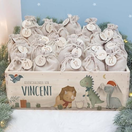Personalisierte Adventskiste - Kinder Adventskalender aus Holz mit Namen - Weihnachtskalender für Kinder - hellomini (Re