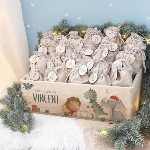 Personalisierte Adventskiste - Kinder Adventskalender aus Holz mit Namen - Weihnachtskalender für Kinder - hellomini (Re