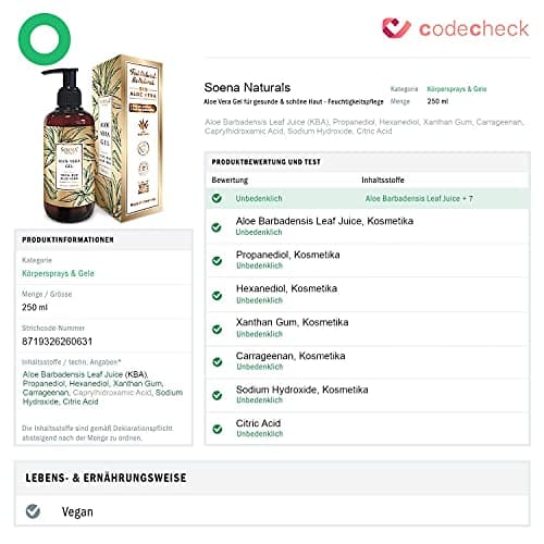 Soena® Aloe Vera Gel 100% BIO – Feuchtigkeitspflege ohne Alkohol & Duftstoffe – Tierversuchsfrei 250ml – Naturkosmetik M