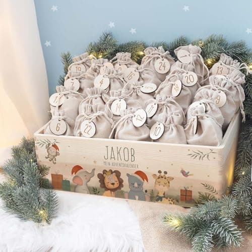 Personalisierte Adventskiste - Kinder Adventskalender aus Holz mit Namen - Weihnachtskalender für Kinder - hellomini (Re