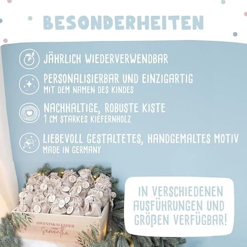 Personalisierte Adventskiste - Kinder Adventskalender aus Holz mit Namen - Weihnachtskalender für Kinder - hellomini (Re