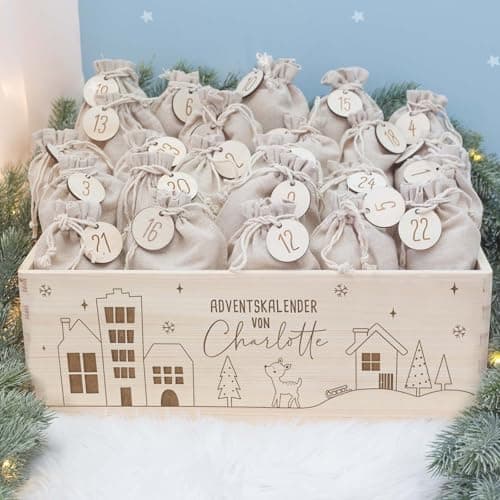 Personalisierte Adventskiste - Kinder Adventskalender aus Holz mit Namen - Weihnachtskalender für Kinder - hellomini (Re