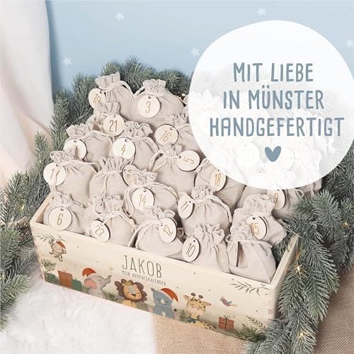 Personalisierte Adventskiste - Kinder Adventskalender aus Holz mit Namen - Weihnachtskalender für Kinder - hellomini (Re