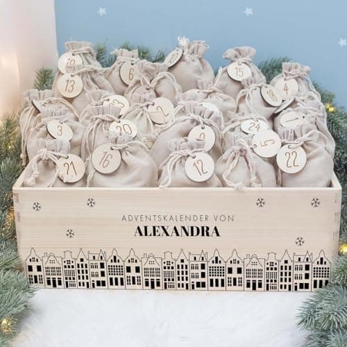 Personalisierte Adventskiste - Kinder Adventskalender aus Holz mit Namen - Weihnachtskalender für Kinder - hellomini (Re