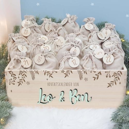 Personalisierte Adventskiste - Kinder Adventskalender aus Holz mit Namen - Weihnachtskalender für Kinder - hellomini (Re