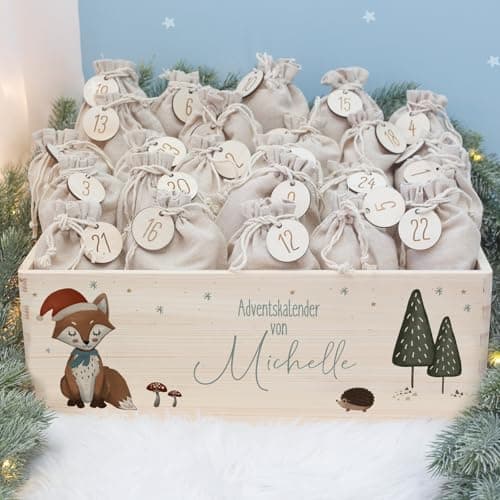 Personalisierte Adventskiste - Kinder Adventskalender aus Holz mit Namen - Weihnachtskalender für Kinder - hellomini (Re