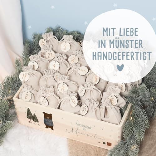 Personalisierte Adventskiste - Kinder Adventskalender aus Holz mit Namen - Weihnachtskalender für Kinder - hellomini (Re