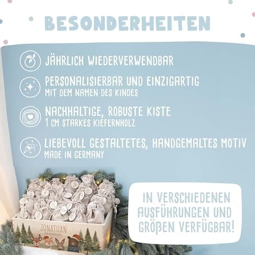 Personalisierte Adventskiste - Kinder Adventskalender aus Holz mit Namen - Weihnachtskalender für Kinder - hellomini (Re