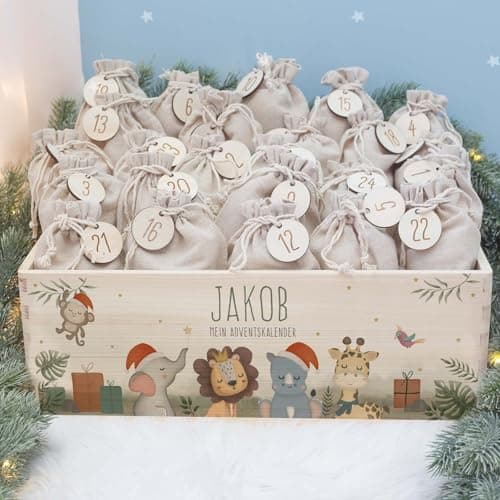 Personalisierte Adventskiste - Kinder Adventskalender aus Holz mit Namen - Weihnachtskalender für Kinder - hellomini (Re