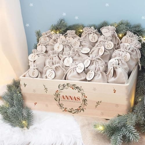 Personalisierte Adventskiste - Kinder Adventskalender aus Holz mit Namen - Weihnachtskalender für Kinder - hellomini (Re