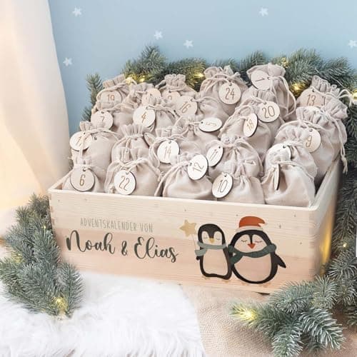 Personalisierte Adventskiste - Kinder Adventskalender aus Holz mit Namen - Weihnachtskalender für Kinder - hellomini (Re