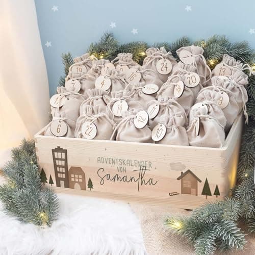 Personalisierte Adventskiste - Kinder Adventskalender aus Holz mit Namen - Weihnachtskalender für Kinder - hellomini (Re