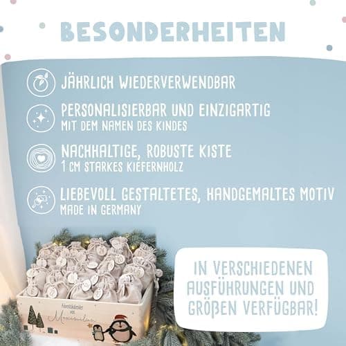 Personalisierte Adventskiste - Kinder Adventskalender aus Holz mit Namen - Weihnachtskalender für Kinder - hellomini (Re