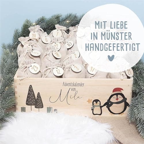 Personalisierte Adventskiste - Kinder Adventskalender aus Holz mit Namen - Weihnachtskalender für Kinder - hellomini (Re