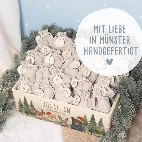 Personalisierte Adventskiste - Kinder Adventskalender aus Holz mit Namen - Weihnachtskalender für Kinder - hellomini (Re