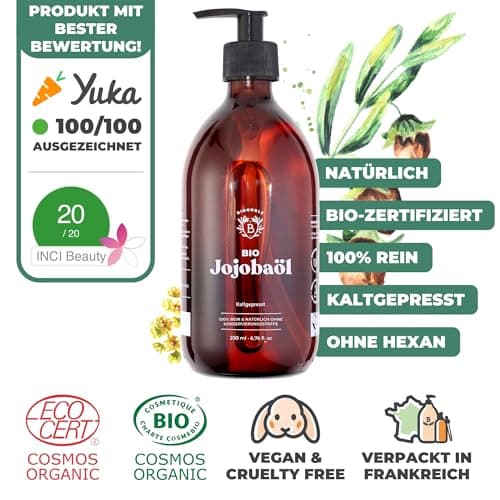 BIONOBLE Jojobaöl Bio Kaltgepresst für Sehnenpflege und Pickelregulation - Haare, Gesicht, Körper, Nägel - Hexanfrei, V