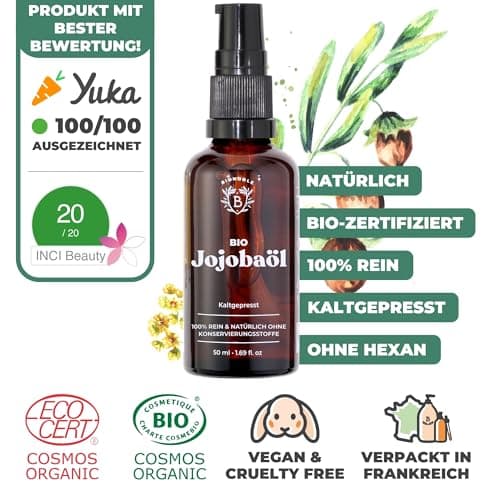 BIONOBLE Jojobaöl Bio Kaltgepresst für Sehnenpflege und Pickelregulation - Haare, Gesicht, Körper, Nägel - Hexanfrei, V