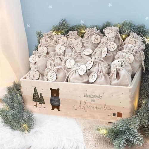 Personalisierte Adventskiste - Kinder Adventskalender aus Holz mit Namen - Weihnachtskalender für Kinder - hellomini (Re