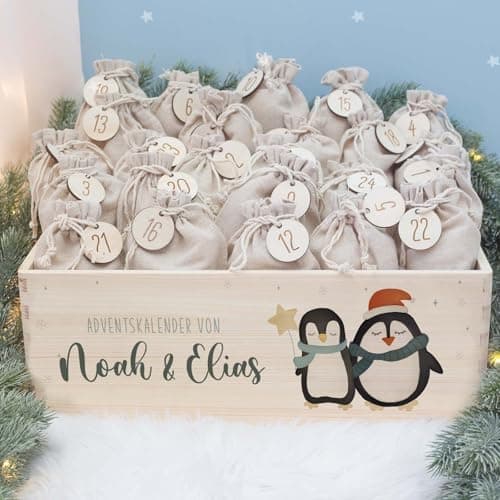 Personalisierte Adventskiste - Kinder Adventskalender aus Holz mit Namen - Weihnachtskalender für Kinder - hellomini (Re