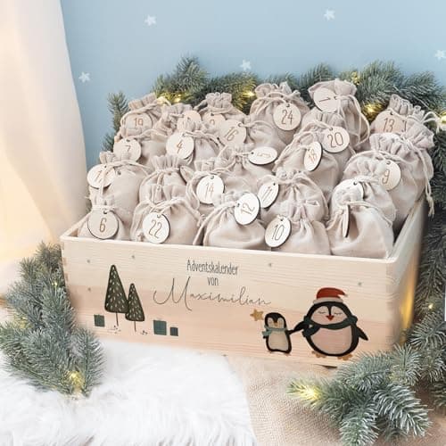 Personalisierte Adventskiste - Kinder Adventskalender aus Holz mit Namen - Weihnachtskalender für Kinder - hellomini (Re